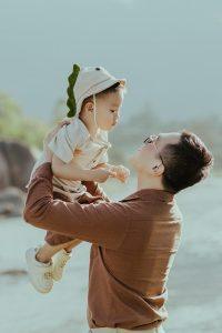 family, riverside, father and child, parent, outdoors, stream, love, happiness, portrait